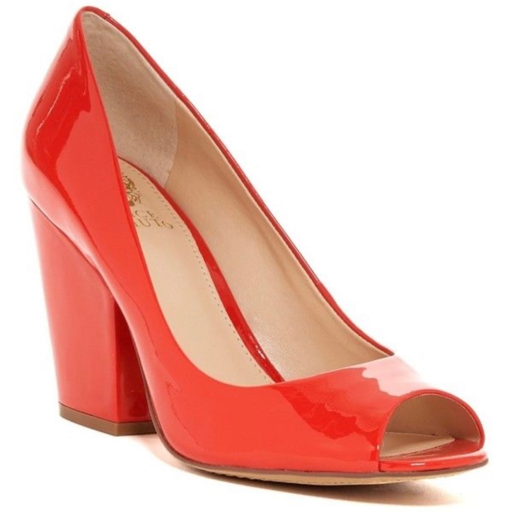 Vince Camuto Womens Berit Block Heel Peep Toe Patent Leather Pumps Coral size 9